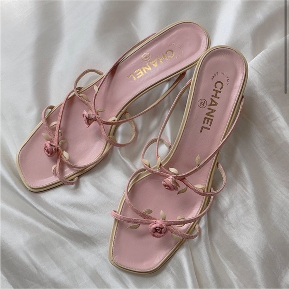 CHANEL Shoes - ISO Chanel rose rosebud pink strappy sandal heel mules
